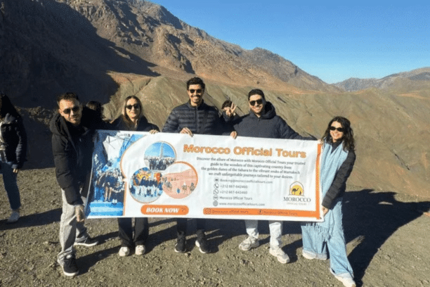 Travelers enjoying a Morocco trip in the Atlas Mountains between Casablanca and Marrakech.