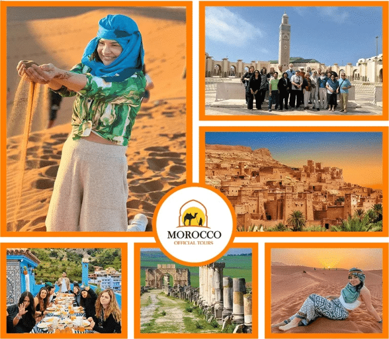 Private Morocco Travel Experiences Travelers enjoying the Sahara Desert, Hassan II Mosque in Casablanca, Ait Ben Haddou Kasbah, Chefchaouen, and Volubilis in Morocco.